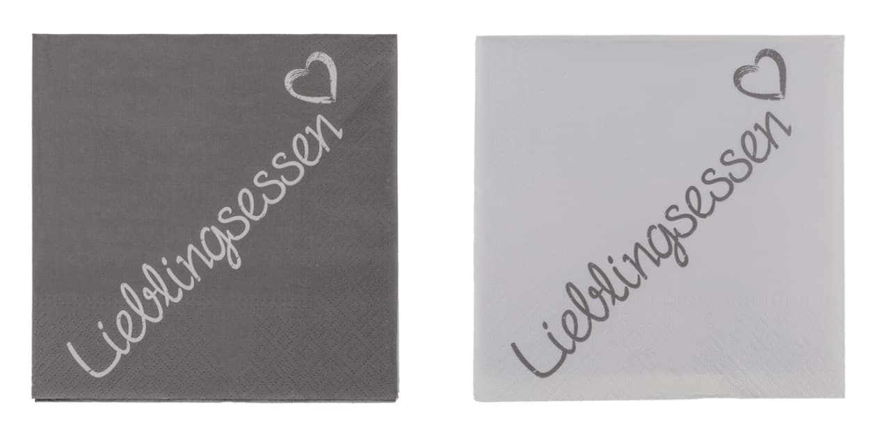 OOTB Graue Papier-Servietten Mit Weißer Schrift „Lieblingsessen“ | 3-lagig, Ca. 33x33 Cm, 20 Stück